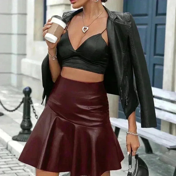 Burgundy Casual Women's Fashion Faux Leather Ruffle Hem Skirt - Picture 5 of 7
